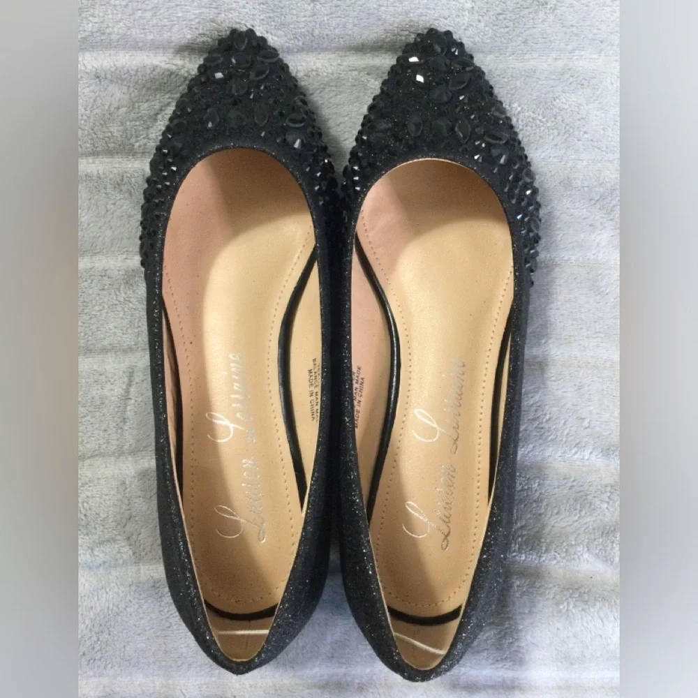 Lauren Lorraine Black Embellished Pointed Toe Ballet Flats Size 8 - Picture 3 of 11